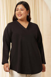 Plus Size Black V Neck Fleece Top