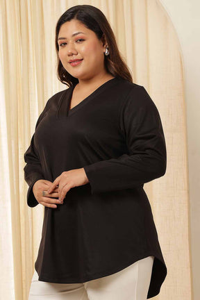 Plus Size Black V Neck Fleece Top