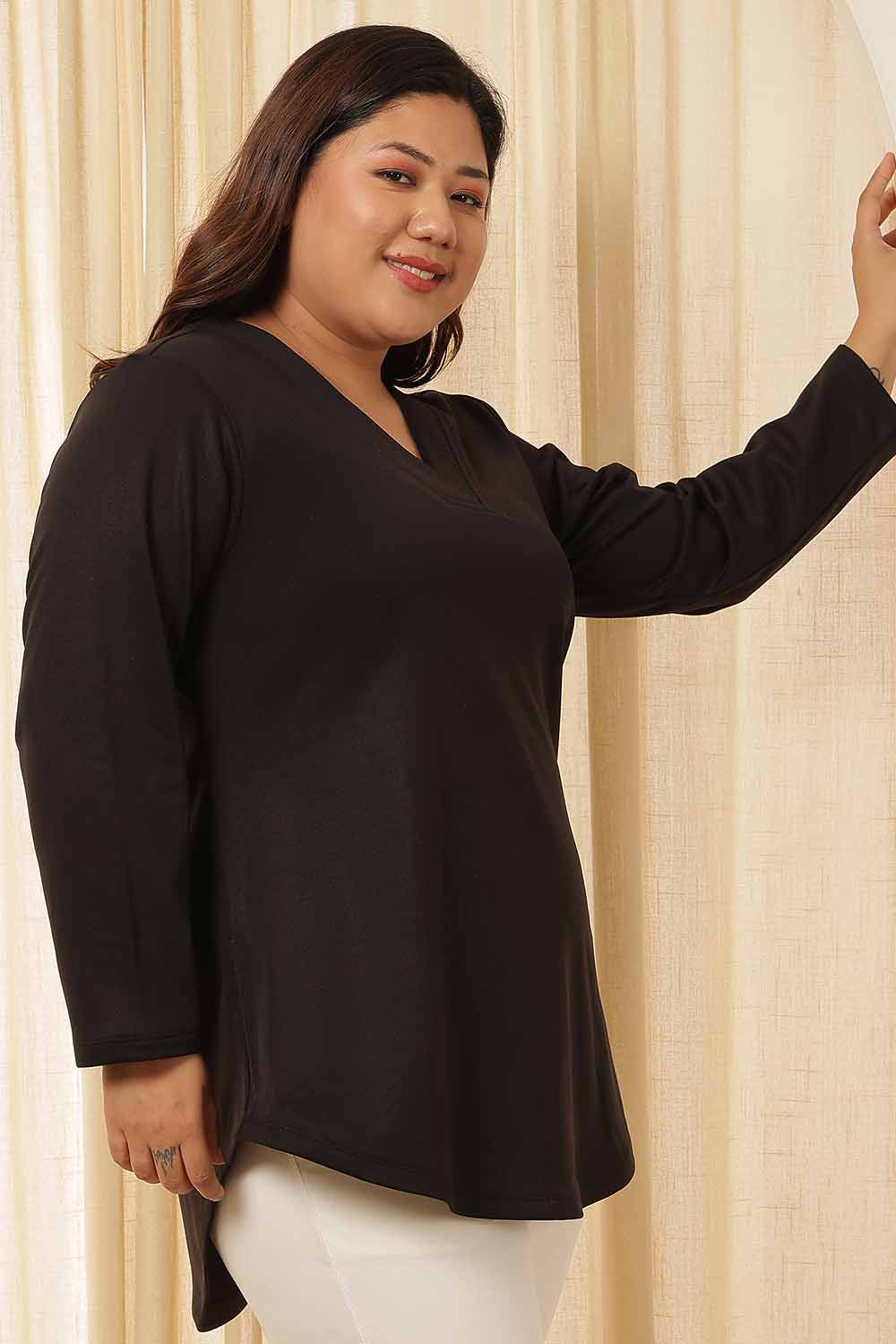 Plus Size Plus Size Black V Neck Fleece Top