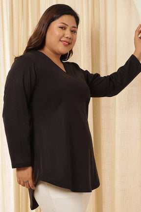 Plus Size Black V Neck Fleece Top
