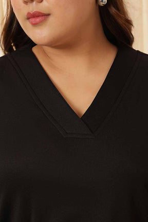 Plus Size Black V Neck Fleece Top