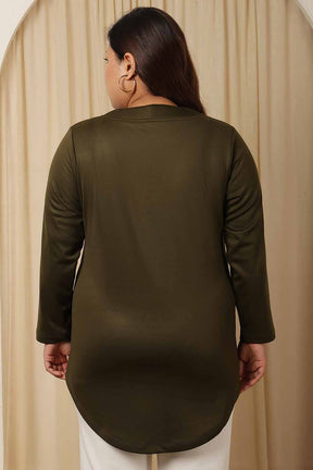 Plus Size Olive V Neck Fleece Top