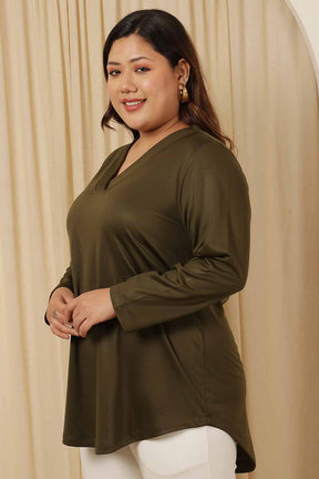 Plus Size Olive V Neck Fleece Top