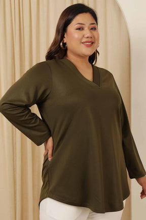 Plus Size Olive V Neck Fleece Top