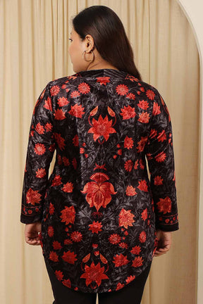 Plus Size Black Red Floral Velvet Top