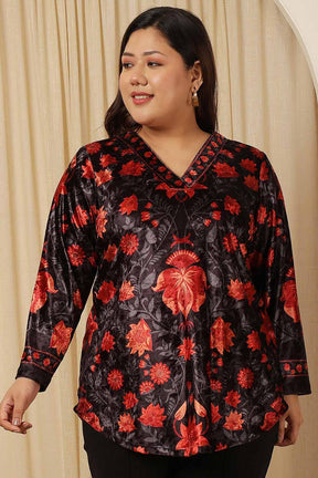 Plus Size Black Red Floral Velvet Top