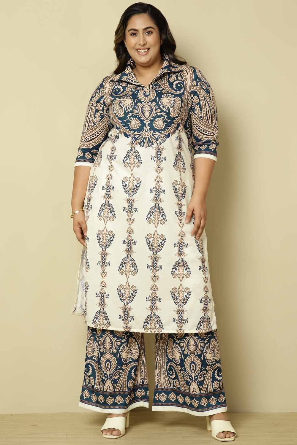 Plus Size Blue White Ethnic Print Kurta