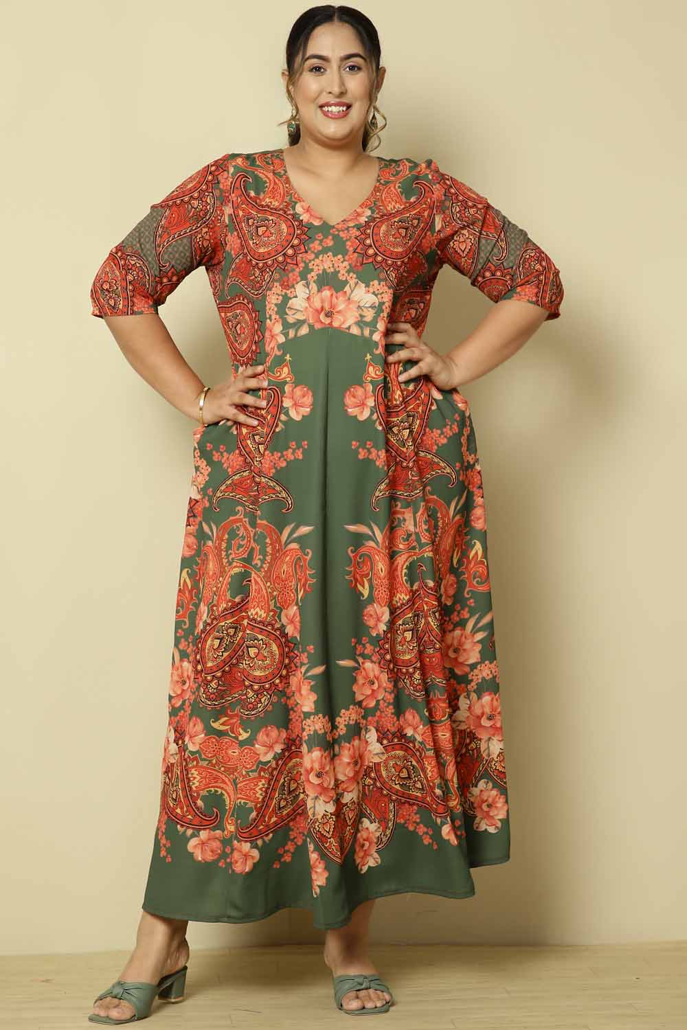 Plus Size Plus Size Red Green Printed Anarkali Dress