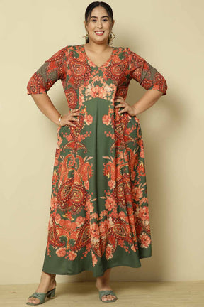 Plus Size Red Green Printed Anarkali Dress