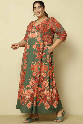 Plus Size Red Green Printed Anarkali Dress
