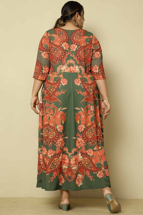 Plus Size Red Green Printed Anarkali Dress