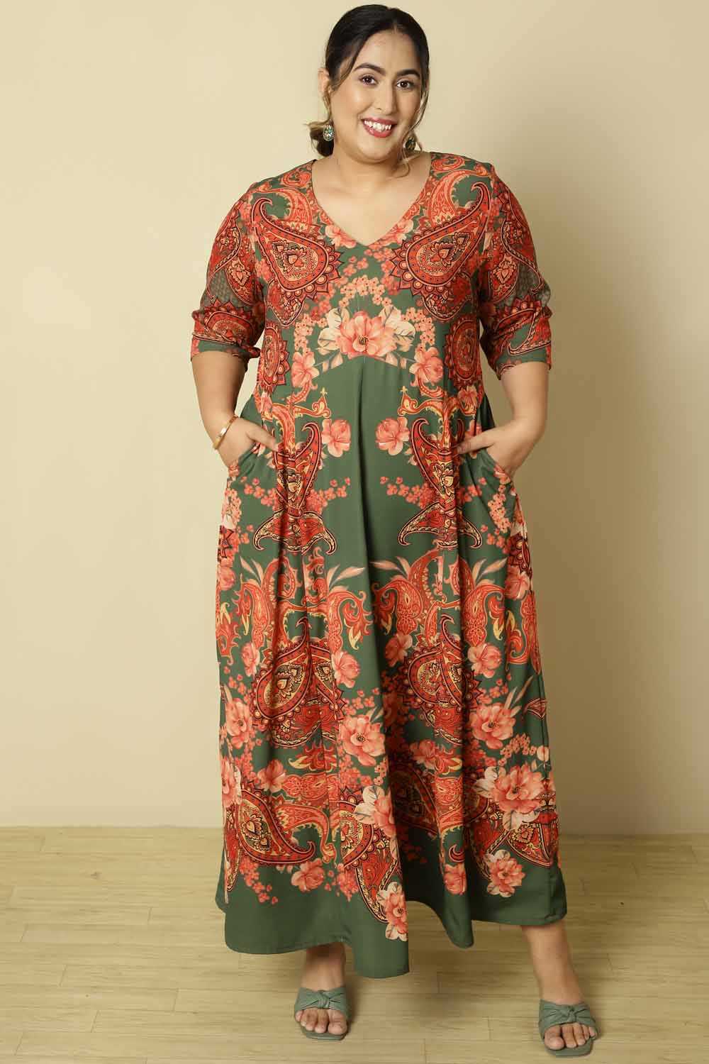 Plus Size Red Green Printed Anarkali Dress for Women