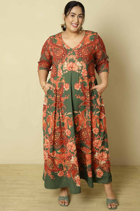 Plus Size Red Green Printed Anarkali Dress
