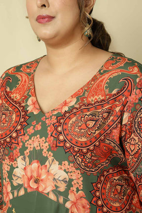 Plus Size Red Green Printed Anarkali Dress