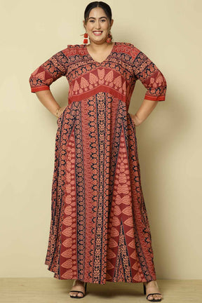 Plus Size Red Black Ethnic Print Anarkali Dress