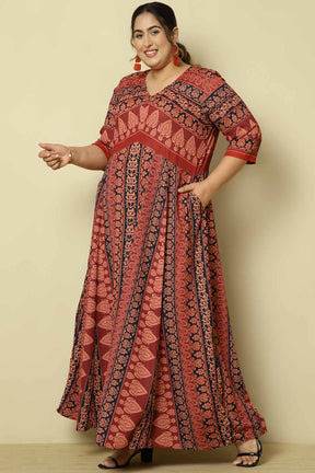 Plus Size Red Black Ethnic Print Anarkali Dress