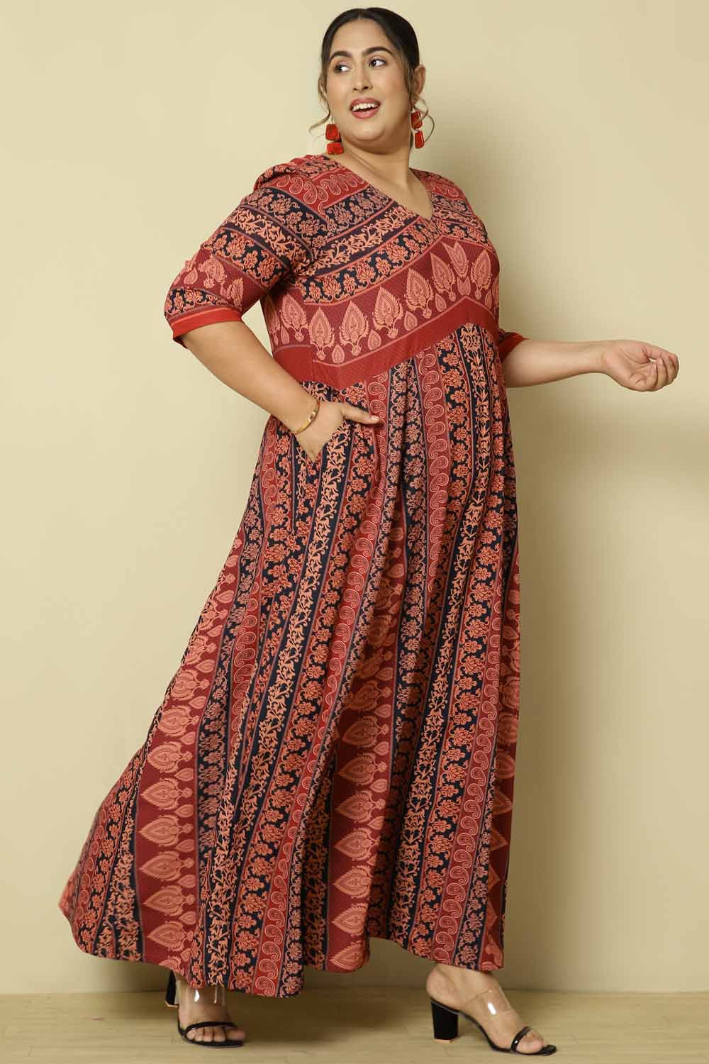Plus Size Red Black Ethnic Print Anarkali Dress for Women