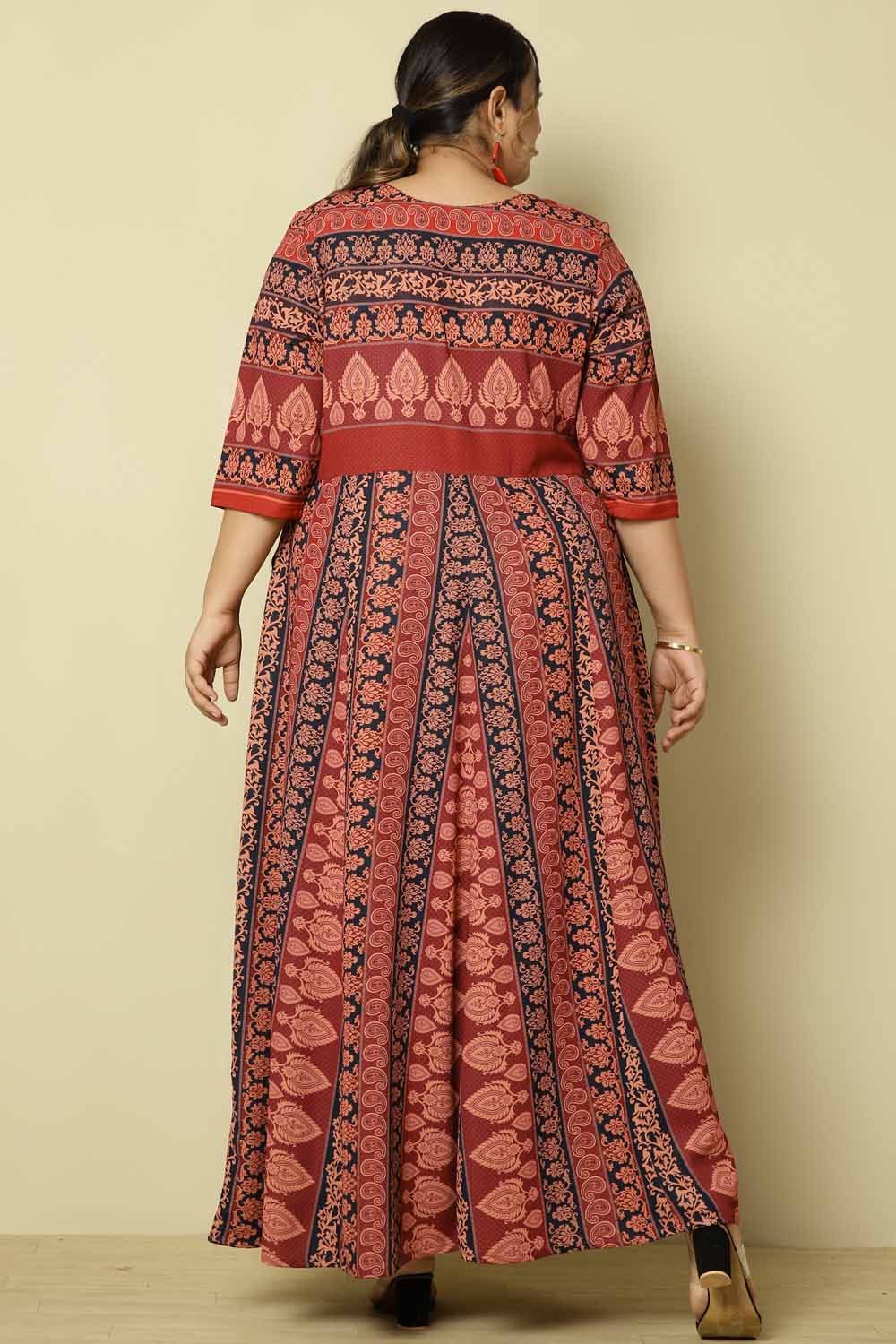 Plus Size Red Black Ethnic Print Anarkali Dress
