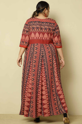 Plus Size Red Black Ethnic Print Anarkali Dress