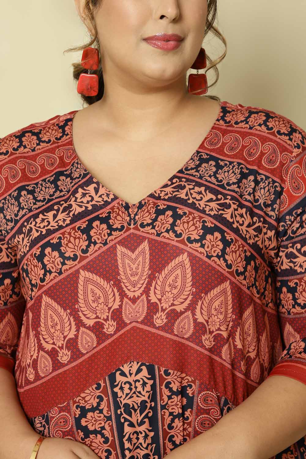 Comfortable Plus Size Red Black Ethnic Print Anarkali Dress