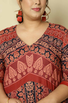 Plus Size Red Black Ethnic Print Anarkali Dress