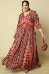 Plus Size Red Black Ethnic Print Anarkali Dress