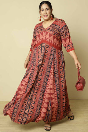 Plus Size Red Black Ethnic Print Anarkali Dress