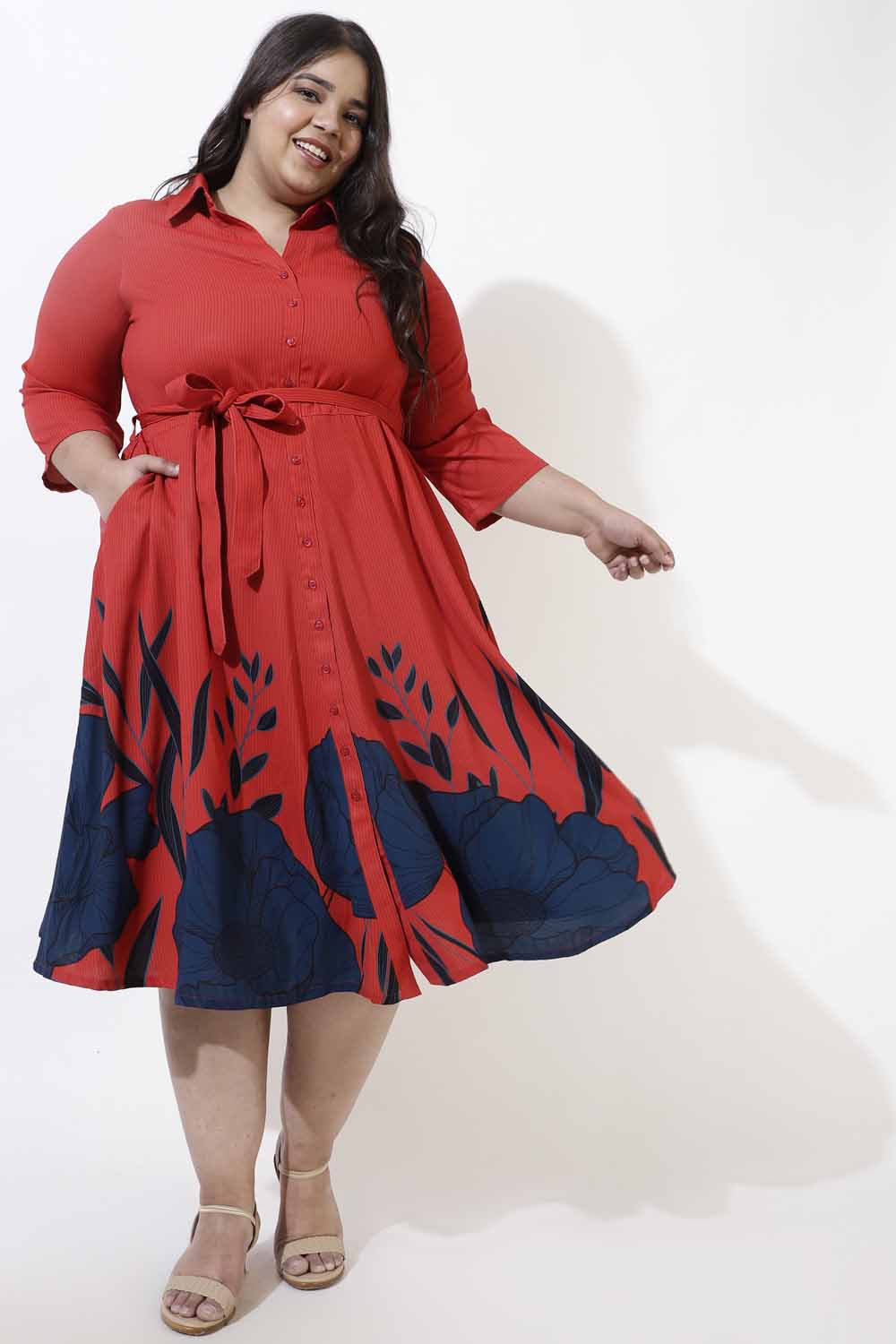 Buy Plus Size Red Floral Printed Crepe Shirt Dress