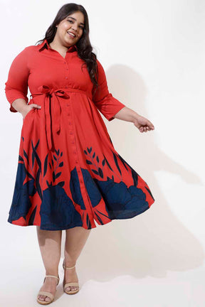 Plus Size Red Floral Printed Crepe Shirt Dress