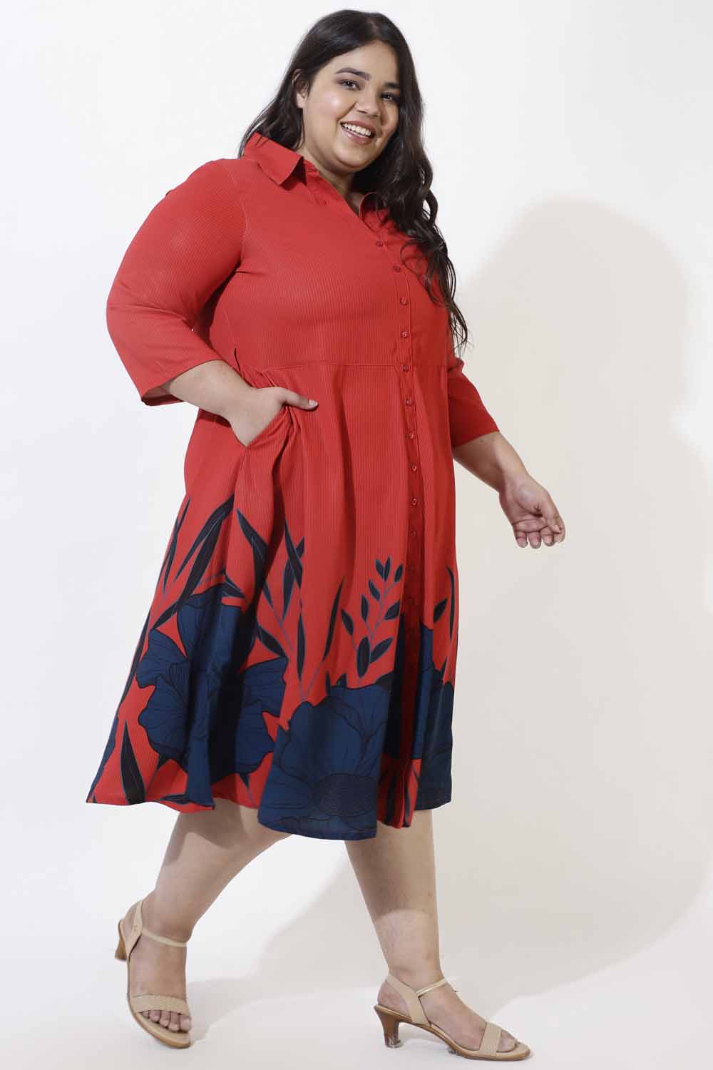 Plus Size Plus Size Red Floral Printed Crepe Shirt Dress