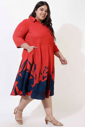 Plus Size Red Floral Printed Crepe Shirt Dress