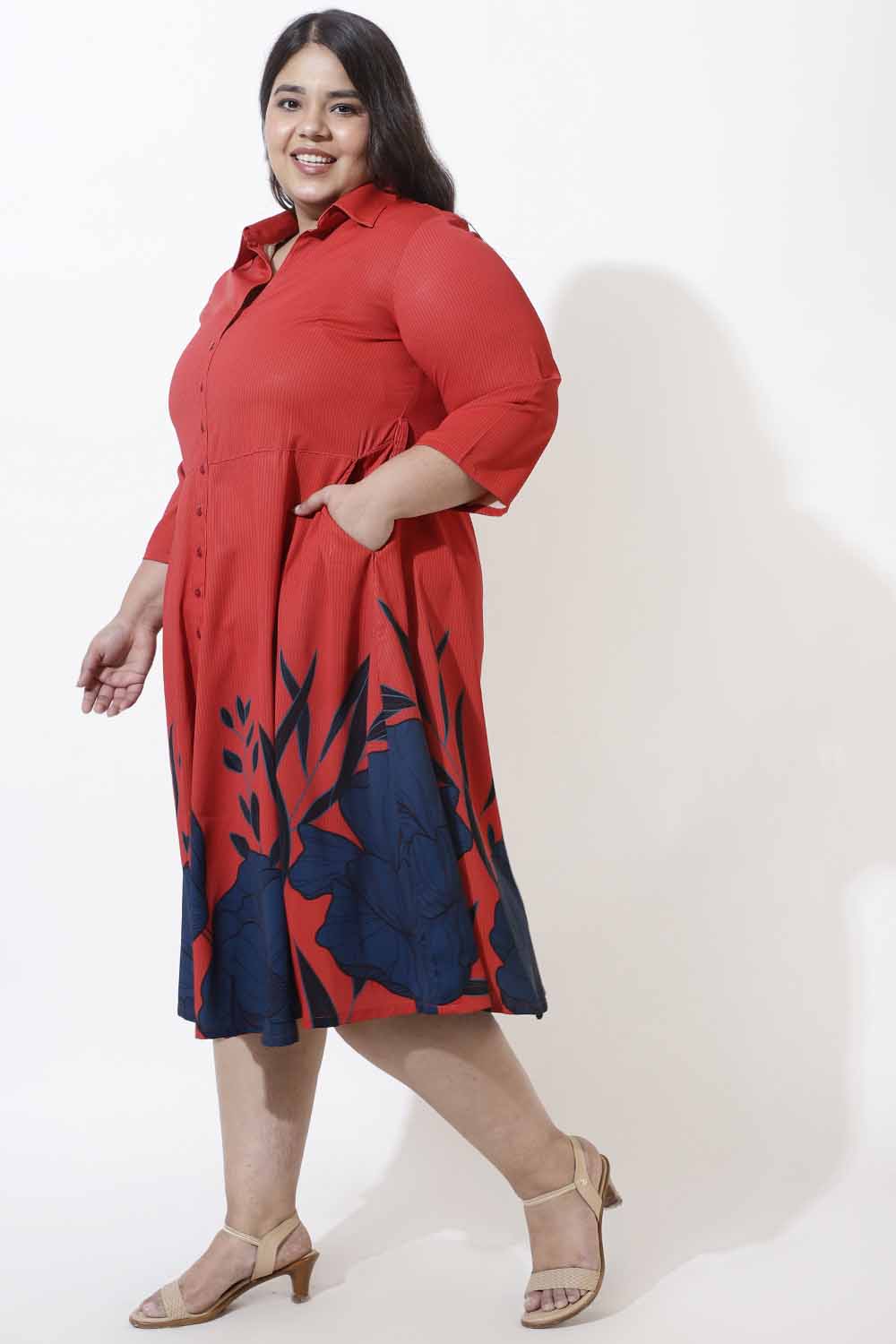Plus Size Red Floral Printed Crepe Shirt Dress for Women