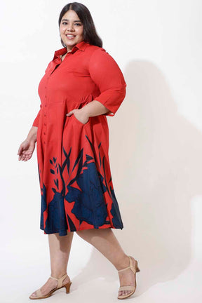 Plus Size Red Floral Printed Crepe Shirt Dress