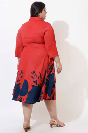 Plus Size Red Floral Printed Crepe Shirt Dress