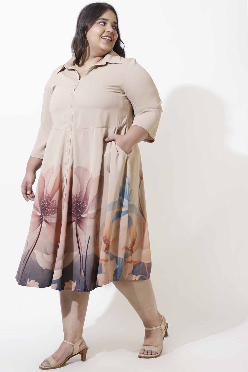 Plus Size Muted Floral Crepe Shirt Dress for Women