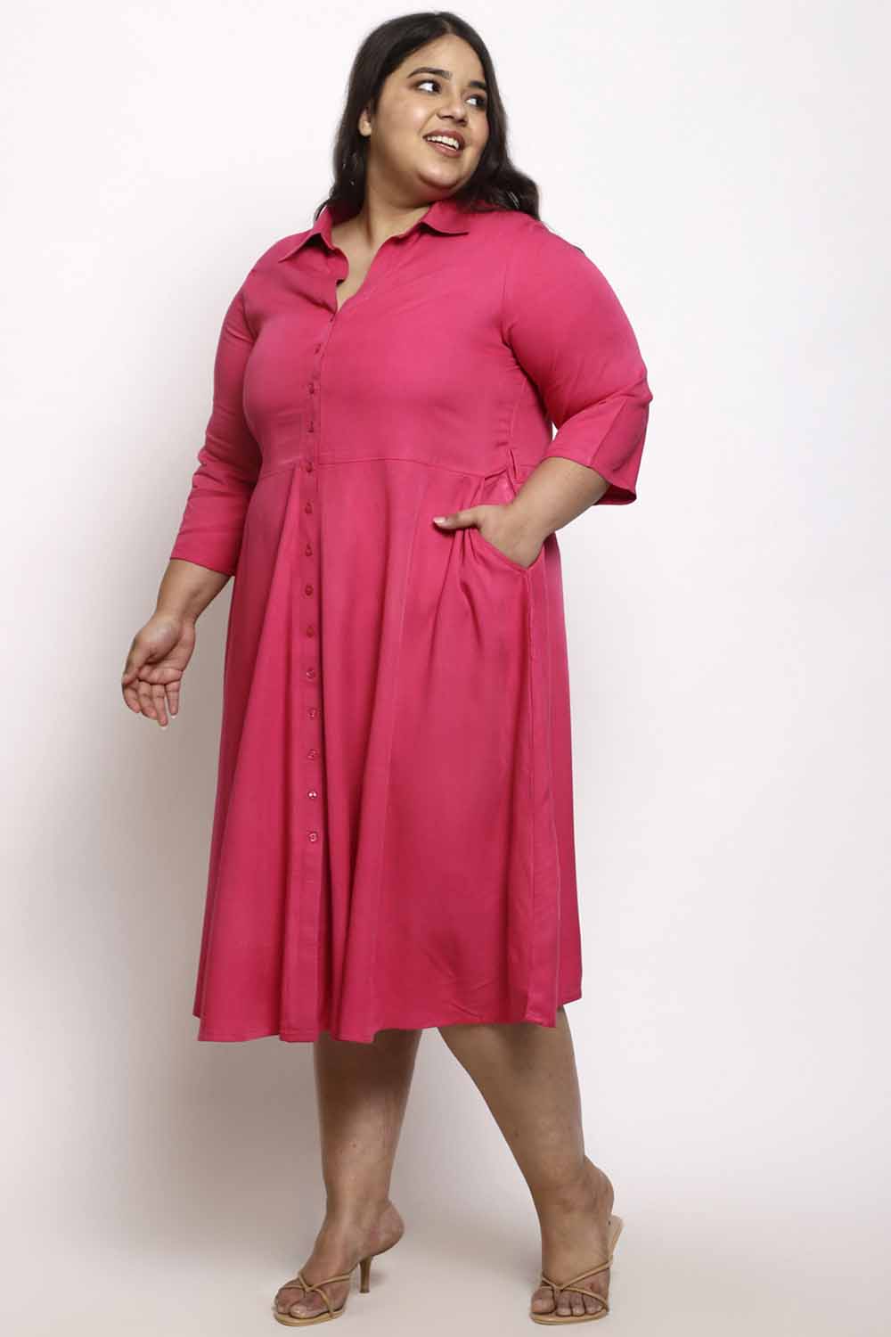 Comfortable Plus Size Pink Shirt Dress