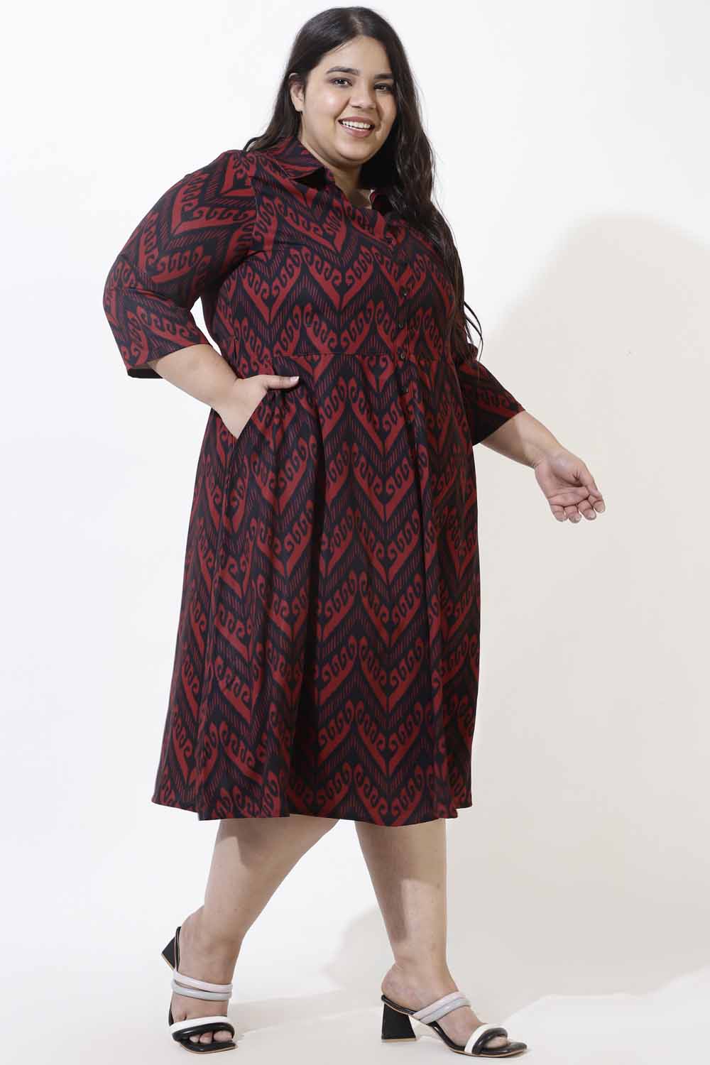 Plus Size Maroon Printed Crepe Shirt Dress for Women