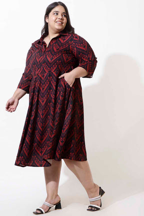 Plus Size Maroon Printed Crepe Shirt Dress