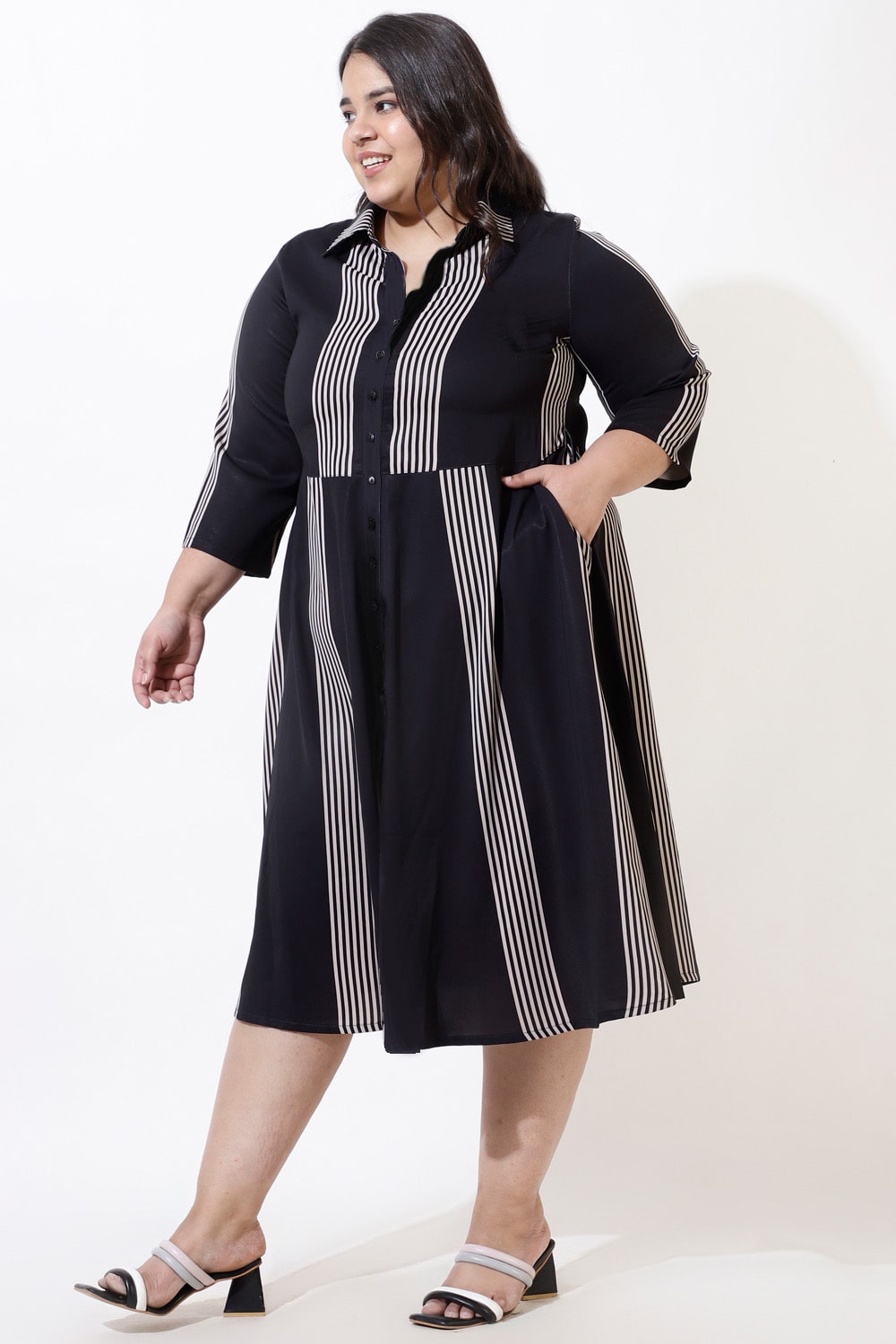 Plus Size Black Stripes Crepe Shirt Dress for Women