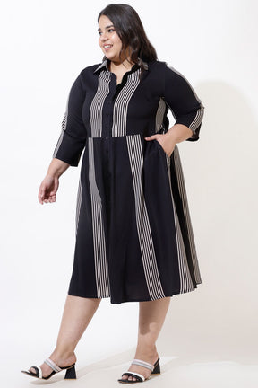 Plus Size Black Stripes Crepe Shirt Dress