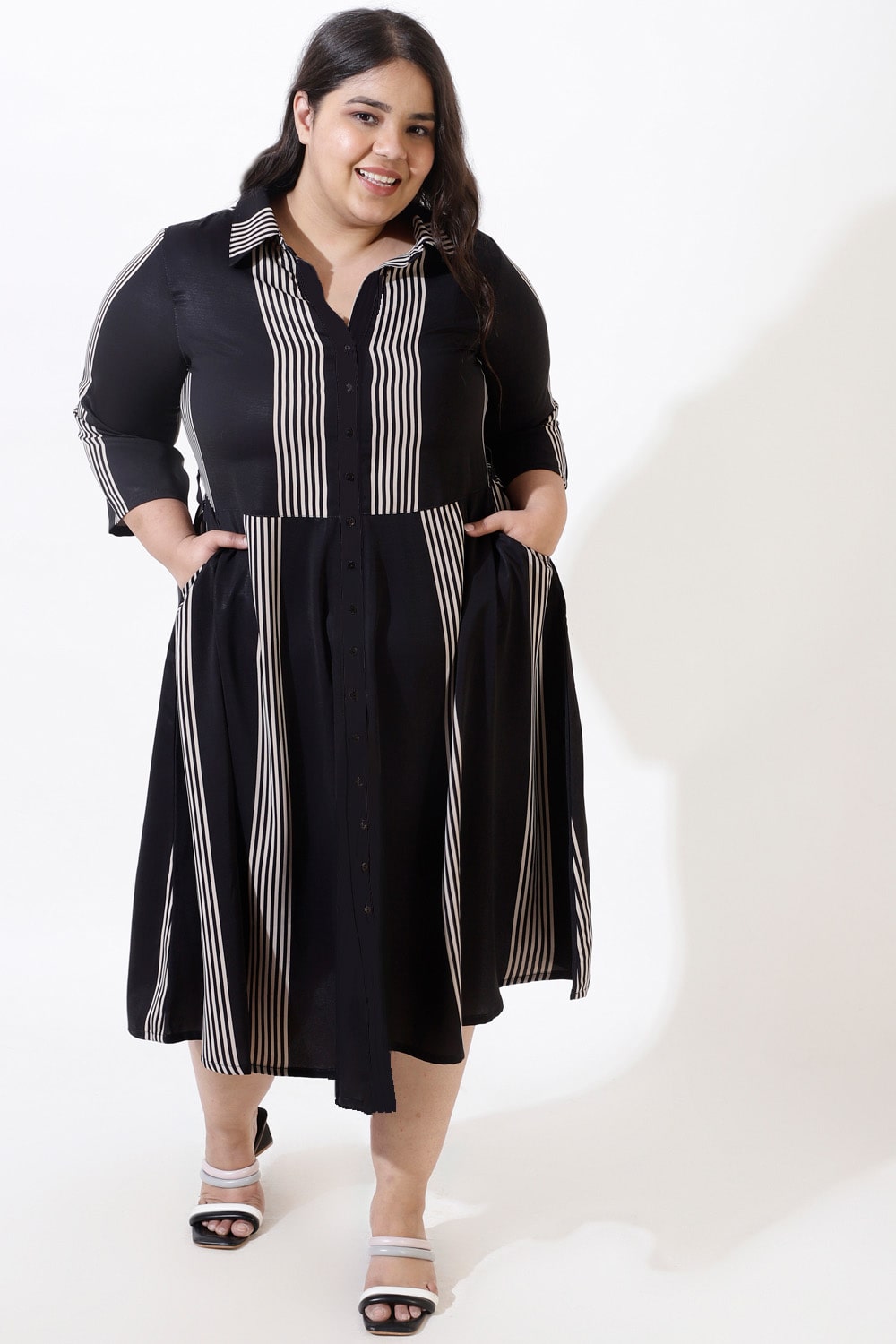 Buy Plus Size Black Stripes Crepe Shirt Dress