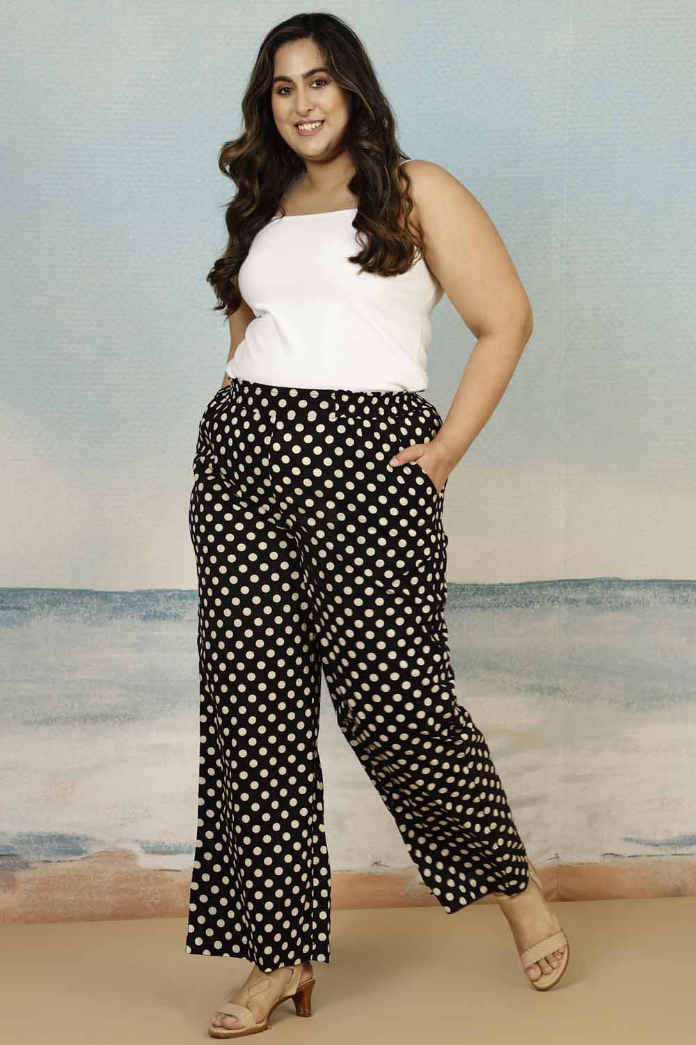 Black Polka Print Cotton Plus Size Pant