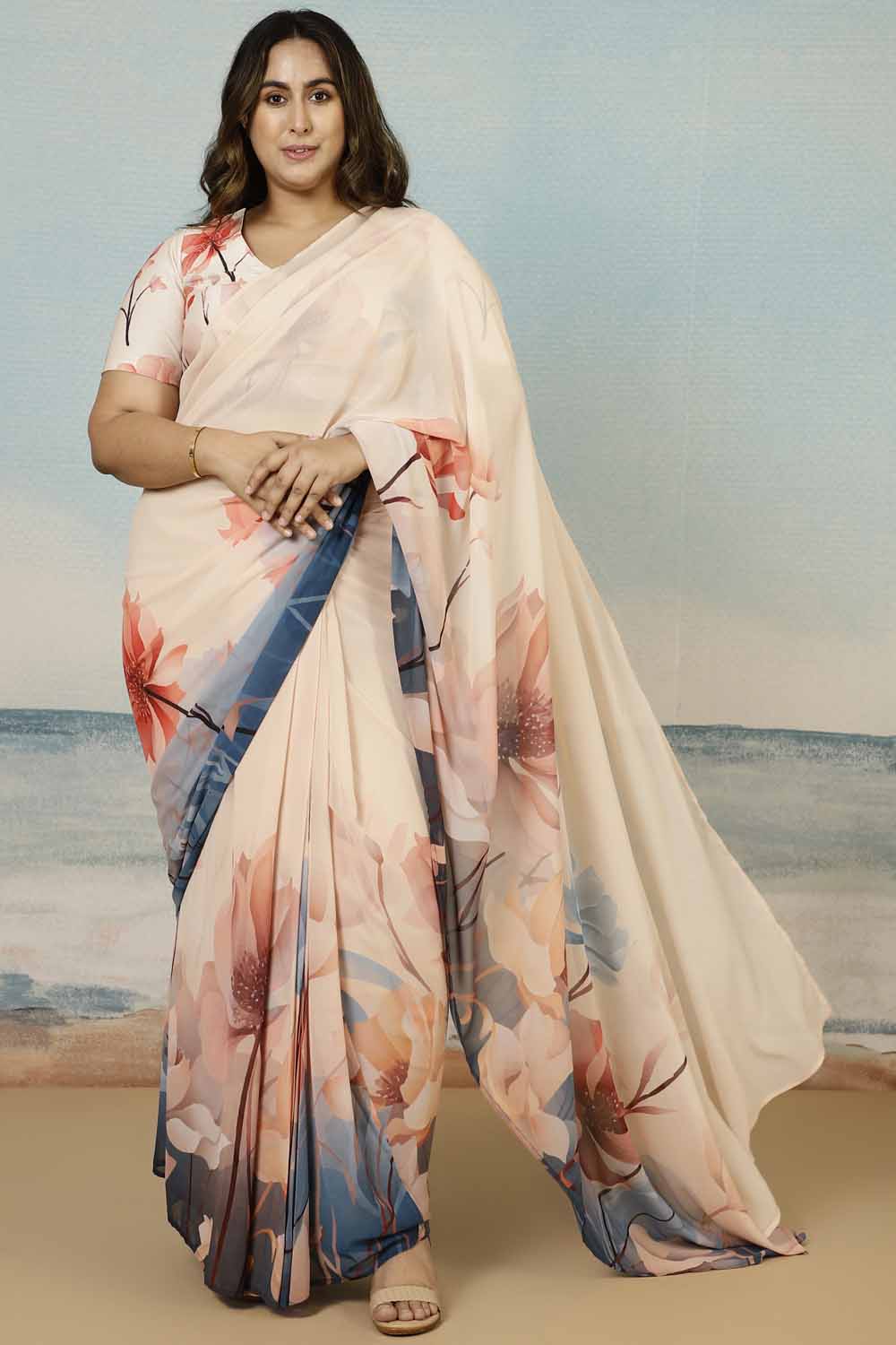 Buy Plus Size Nude Floral Readymade Georgette Saree