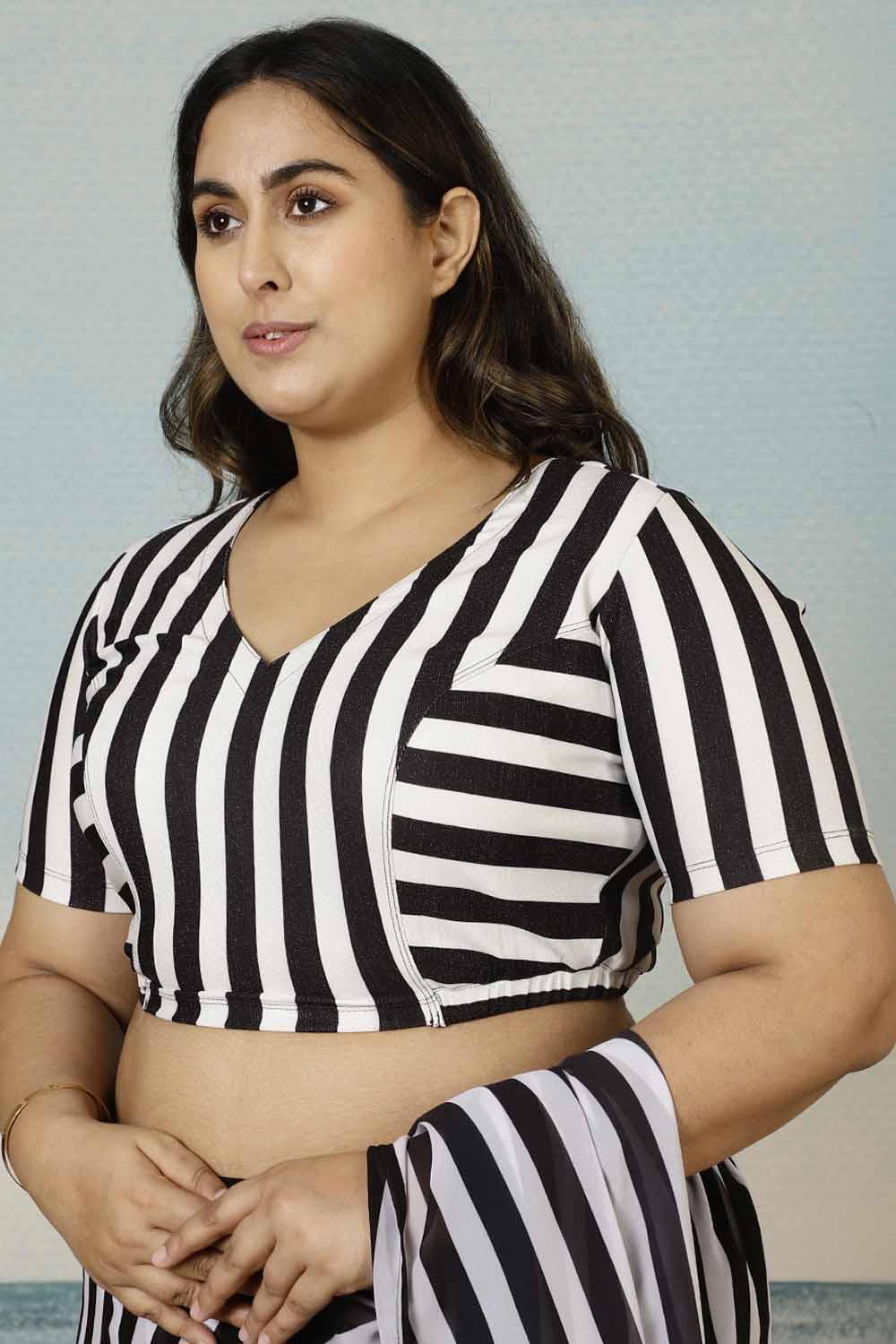 Plus Size Black White Striped Readymade Blouse for Women