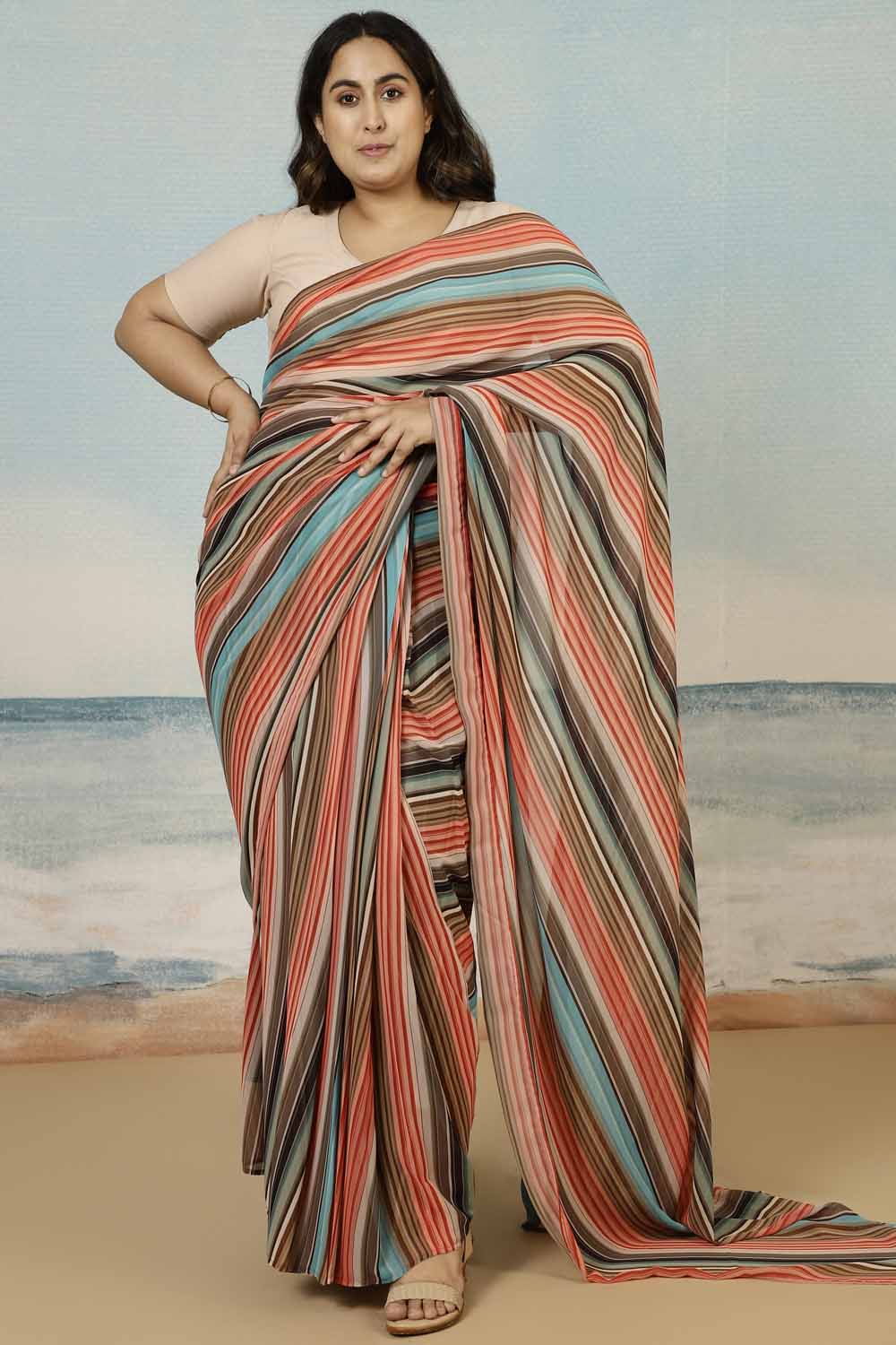 Plus Size Multicolor Stripes Readymade Georgette Saree