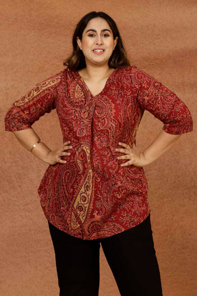 Maroon Paisley Print Cotton Plus Size Top