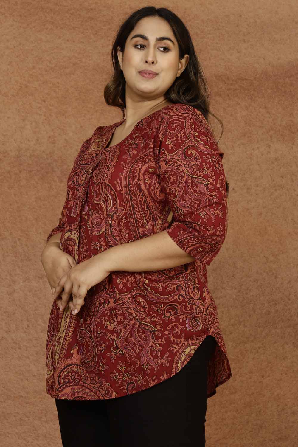 Maroon Paisley Print Cotton Plus Size Top