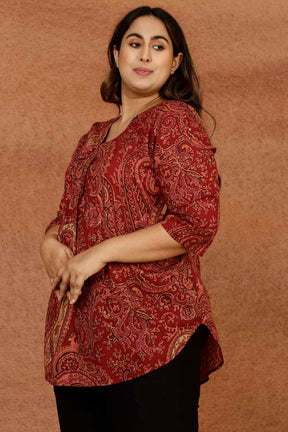 Maroon Paisley Print Cotton Plus Size Top