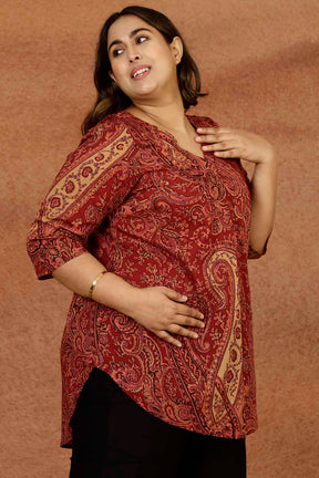 Maroon Paisley Print Cotton Plus Size Top