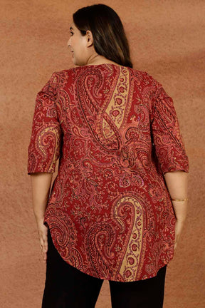 Maroon Paisley Print Cotton Plus Size Top